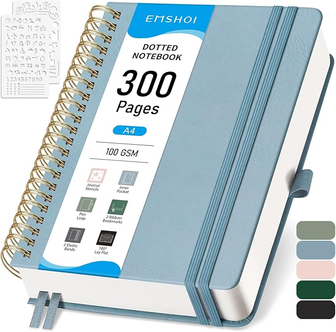 EMSHOI Dotted Journal Spiral Notebook - 300 Pages, A4 Hardcover Leather, 100 GSM Thick Dot Grid Notebook for Women Men Work Writing, Journaling, Drawing, 8.27" x 11.2", Gray Blue