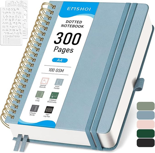 EMSHOI Dotted Journal Spiral Notebook - 300 Pages, A4 Hardcover Leather, 100 GSM Thick Dot Grid Notebook for Women Men Work Writing, Journaling, Drawing, 8.27" x 11.2", Gray Blue