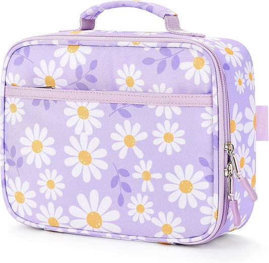 mibasies Kids Lunch Box for Girls Toddler, Insulated and Reusable Lunch Bag for School, Daisy Purple