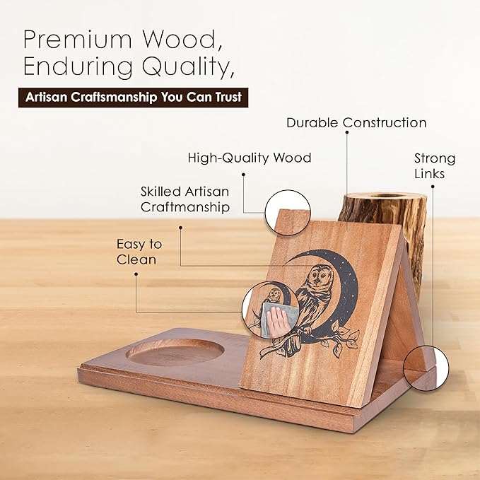 Wooden Triangle Book Stand & Reading Valet – Book Rest with Cup, Phone, Glasses & Pen Holder – Thumb Book Page Holder - Nightstand Book Holder & Gift for Book Lovers, Readers & Bibliophiles