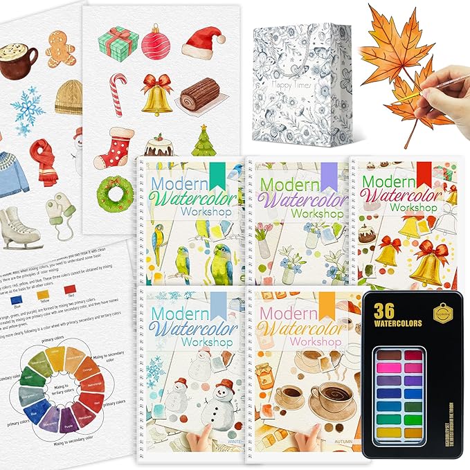 5Pcs Watercolor Workbook, Beginner-Friendly Water Coloring Book for Beginners with 36 Colors Paint Color with Paint Brush, Watercolor paper, Beginner Watercolor Painting Kit - Christmas Gift for Women