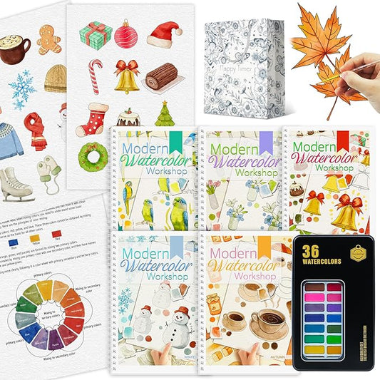 5Pcs Watercolor Workbook, Beginner-Friendly Water Coloring Book for Beginners with 36 Colors Paint Color with Paint Brush, Watercolor paper, Beginner Watercolor Painting Kit - Christmas Gift for Women