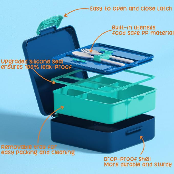 Fimibuke Bento Lunch Box for Kids, Toddler Bento Box with 4 Compartments | Leak Proof BPA Free Dishwasher Safe Lunch Container with Utensils, Ideal Portion Sizes for Ages 3-12 Girls Boys for School