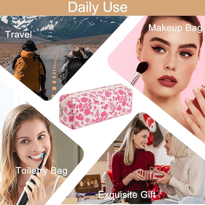 Cute Floral Cotton Makeup Brush Cosmetic Bag for Women, Travel Quilted Zipper Make Up Bag, Flowers Toiletry Organizer Case Kawaii Makeup Cosmetic Travel Cloth Pouch (Big Red Floral)