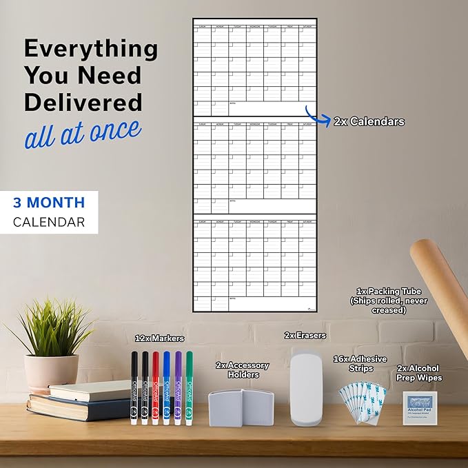 (2 PK) 3 Month Dry Erase Calendar for Wall 40x17, Family Office Large Reusable Big, Monthly Giant Dry Erase Planner, Rolled Whiteboard White Board, Classroom Calendar for Undated Wall Erasable