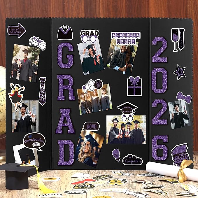 MiniInflat 4 Set Graduation Photo Display Board Trifold Poster Board for Class of 2026 Grad Party Picture Display Graduation Photo Frames for Multiple Pictures Table Decor(Purple,24 x 16 Inches)