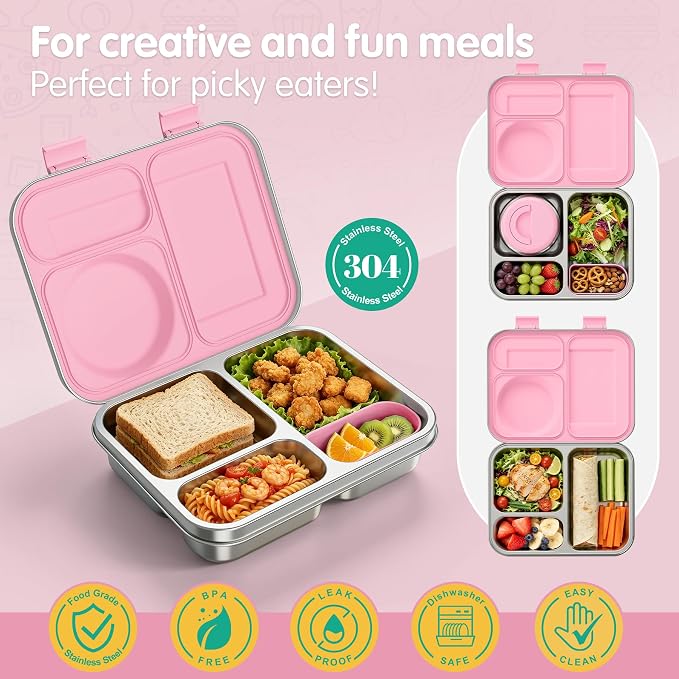 Stainless Steel Bento Box Kids Adult with 8oz Soup Thermo, 3 Compartments Metal Bento Lunch Box with Insulated Food Jar,Lunch Box Container Sauce Cup for School,BPA-Free(Pink)