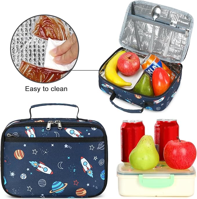 Lunch Box for Kids Boys Insulated Lunch Bags Toddler Lunch Tote Bag Thermo Picnic Cooler Bag for School Children (Spaceship-Navy Blue)