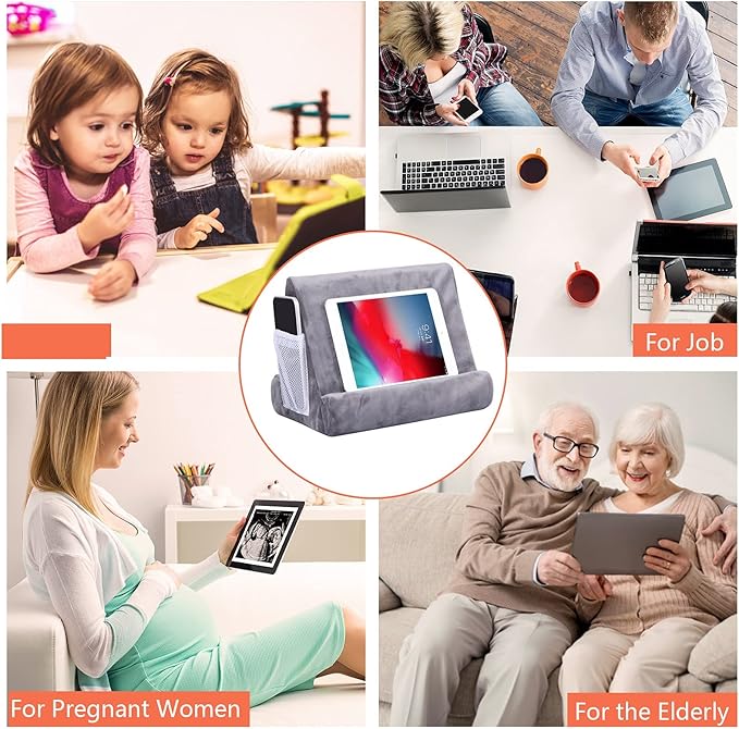 2pcs Multi-Angle Tablet Holder Cushion Stand with Net Pocket & Black Color Phone Stands Upgraded Tablet Pad Support for Phone,Pad,Books (Grey)