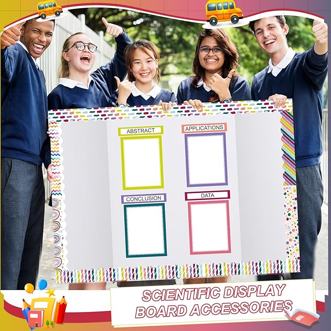 Fuyoooo 90 Pcs Science Fair Board Supplies 60 Trim Scalloped Bulletin Board Borders 24 Presentation Board Subtitles 6 Science Fair Titles for Classroom Display Boards(Classic)