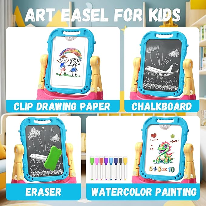 Art Easel for Kids Double Sided Magnetic Drawing Board with Letters & Numbers, Adjustable Standing Easel for Toddlers, Creative Play & Learning Toys for Kids - Blue