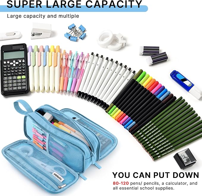 TOPBIDAI Large Pencil Case Pouch for Girls Boy Women Men Adults | Big Capacity Canvas Pencil Bag, Office School Supplies, Multi Compartment Zipper Stationery Pen Box (Sky Blue)