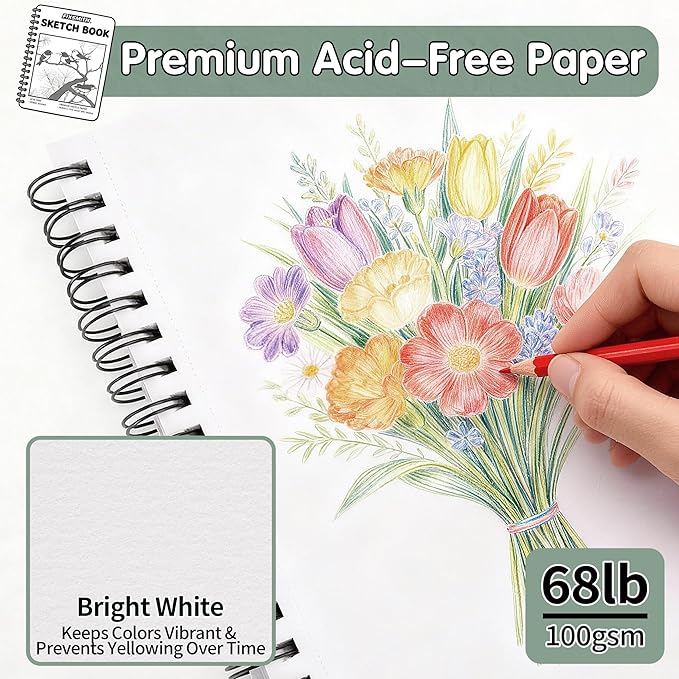 FIXSMITH 9"X12" Green Sketch Book, 100 Sheets (68 lb/100gsm) Spiral Sketchbook, Acid Free Drawing Paper, Sketch Pad for Beginners,Artists & Professionals, Bright White