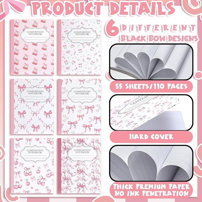 Fullhawl 6 Pack Composition Notebook College Ruled Bulk Pink Bow Composition Notebook Preppy Aesthetic for Back to School Supplies 110 Pages 9-3/4 x 7-1/2" Cute Cherry Journal for First Day of School
