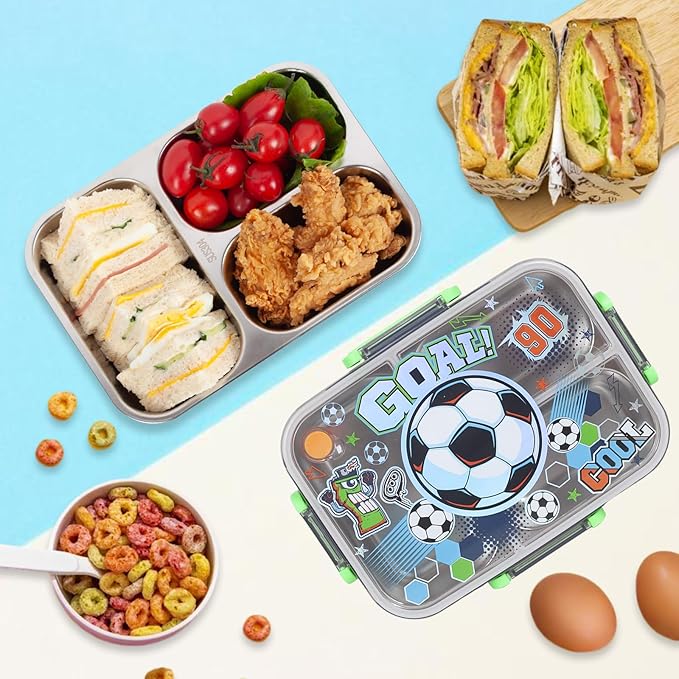 Stainless Steel Bento Lunch Box for Kids, 800ml/27oz BPA-Free Leak-Proof Food Containers with 3 Compartments, Freezer & Dishwasher Safe, Back to School Students Lunches Size for Ages 3-7