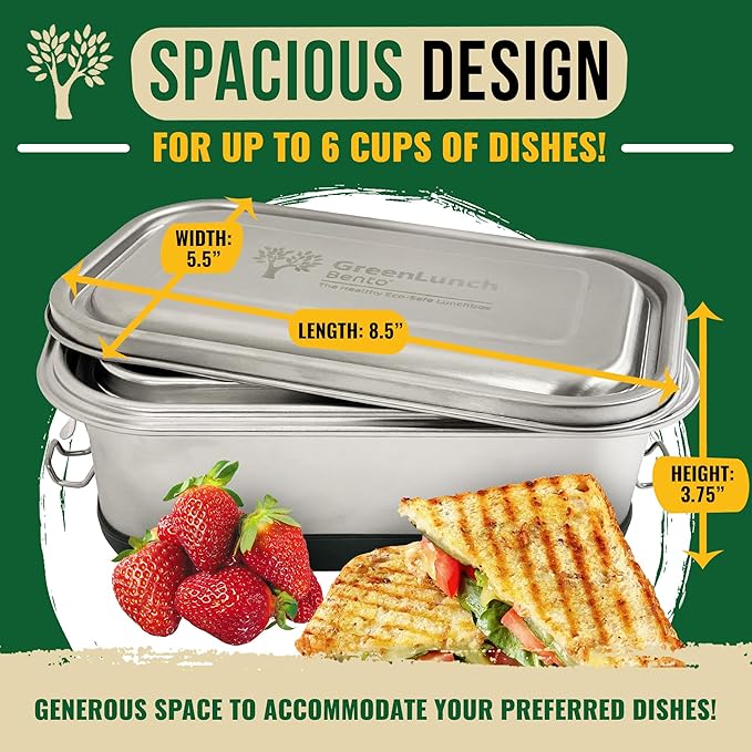 GreenLunch 2-Piece Stainless Steel Bento Box for Adults & Teens | Large 6-Cup BPA-Free Lunch Box with Removable Compartments & Snap Locks | Office, Meal Prep & Travel