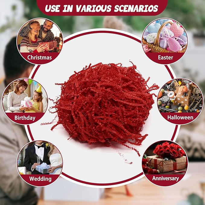Tisspoms 1LB Red Crinkle Cut Paper Shred Filler, Paper Shreds for Basket Fillers, Birthday, Gift Wrapping, Anniversary, Wedding, Halloween, Valentine's Day, Christmas Gift Decor Party Filler