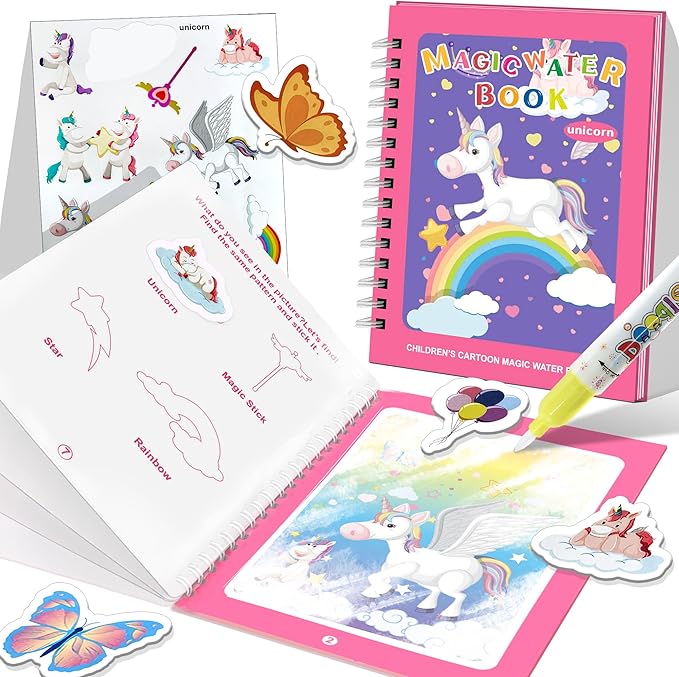 Reusable Water Coloring Books for Toddlers 1-3 with 18+ Stickers & No-Mess Pen, Unicorn Theme Water Coloring Books for Toddlers 1-3, Magic Paintless Painting Book for Toddler, Paintless Painting Book