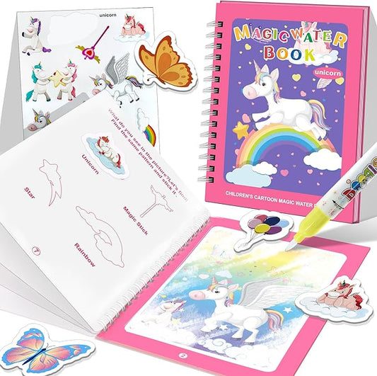 Reusable Water Coloring Books for Toddlers 1-3 with 18+ Stickers & No-Mess Pen, Unicorn Theme Water Coloring Books for Toddlers 1-3, Magic Paintless Painting Book for Toddler, Paintless Painting Book