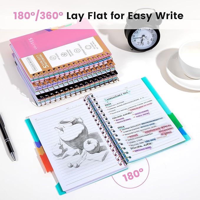 CAGIE Small Spiral Notebooks with Removable Dividers Tabs, 5 Subject Notebook College Ruled, A5 Notebooks for School Work with Plastic Cover, Back Pocket, Spiral Bound, Pink