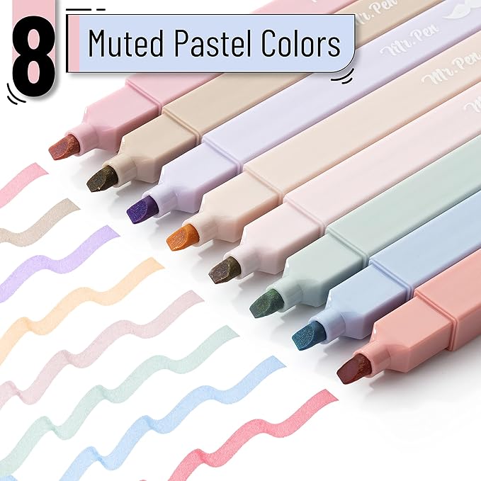 Mr. Pen- Aesthetic Highlighters No Bleed, 8 Pack, Muted Pastel Color, Chisel Tip, Cute Highlighters Assorted Colors for Journaling, Highlighting, Underlining, Fast Dry, Back to School Supplies