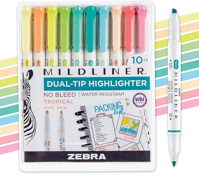 Zebra Pen Mildliner Dual-Tip Highlighter Set, Broad and Fine Point Tips, No Bleed, Ideal for Bible Highlighting, Journaling, School and Office Supplies, Tropical Bisque Ink Colors, 10-Pack (78301)