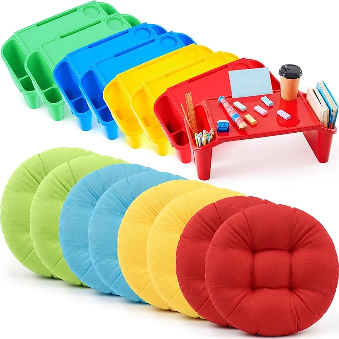 Supervitae 16 Pcs Kids' Lap Desk and Classroom Floor Cushions Set, Including Stackable Lap Tray 19.7 x 14.8 x 7.7'' & Floor Pillow 16'' for Classroom Kindergarten Daycare Nursery (Classic Four Colors)