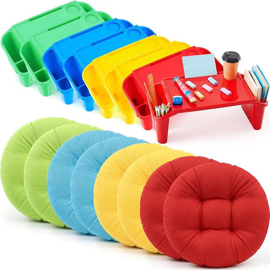 Supervitae 16 Pcs Kids' Lap Desk and Classroom Floor Cushions Set, Including Stackable Lap Tray 19.7 x 14.8 x 7.7'' & Floor Pillow 16'' for Classroom Kindergarten Daycare Nursery (Classic Four Colors)