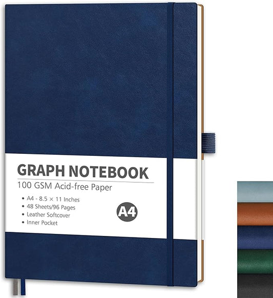 RETTACY Graph Grid Paper Notebook, 96 Pages, A4 Large Size (8.5'' x 11''), 5 Squares per Inch, Leather Softcover, 100 GSM Thick Paper, for School, Students, Math, Engineering (Navy Blue)