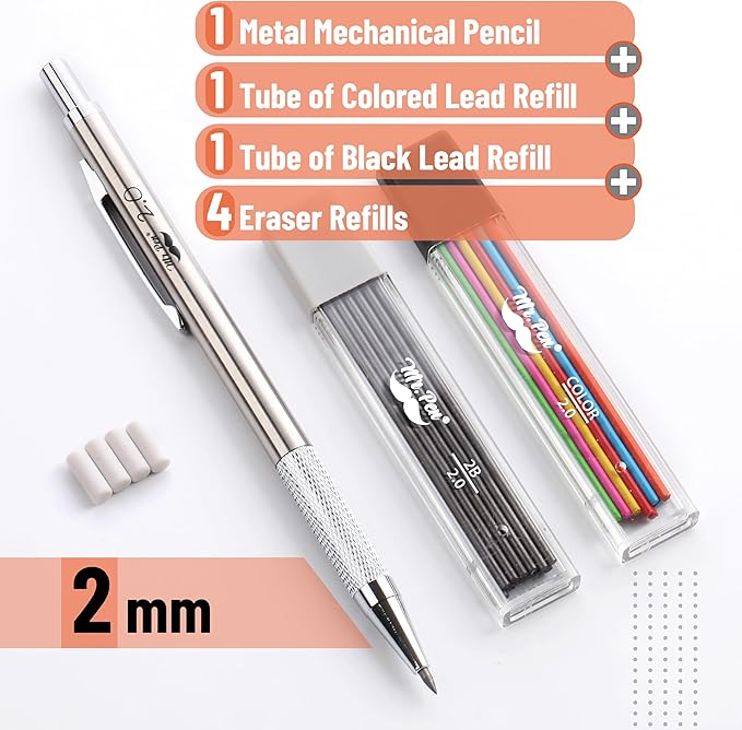 Mr. Pen- Metal Mechanical Pencil Set with Lead Refills & Erasers, 2mm, HB & Colored Lead Refills, 4x Eraser Refills for School Supplies, Note Taking, Drawing, Sketching, Office
