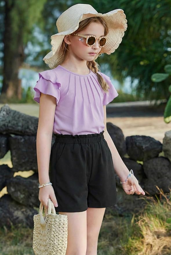 Arshiner Girls 2 Piece Outfits Summer Ruffle Sleeve Top and Paperbag Waist Shorts Set with Pockets Size 5-13 Years