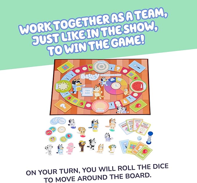 Bluey Scavenger Hunt Board Game, Cooperative Play with 4 Exclusive Mini-Figures, Indoor Games for Kids Ages 5+, Fun Toy Token Collecting Game