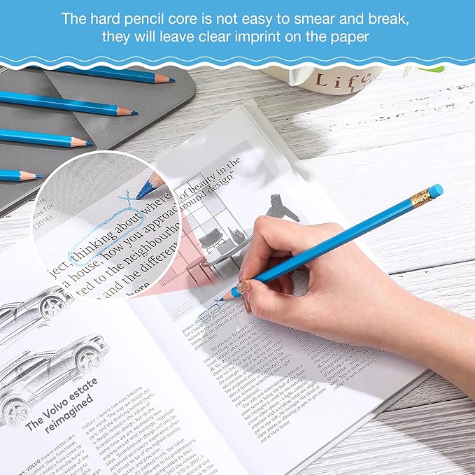 Chinco 12 Pieces Blue Pencils with Eraser for Kids HB Erasable Pencils Pre-sharpened Wooden Pencil Correcting for Students School Writing Drawing Checking