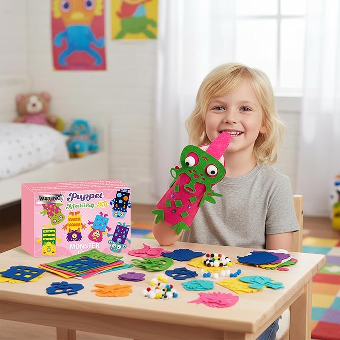 WATINC 6Pcs Hand Puppet Making Kit, Art Craft Felt Sock Puppet Toys, Creative DIY Make Your Own Pompoms Wiggle Googly Eyes Storytelling Role Play Party Supplies Gift for Girls Boys(Monster B)