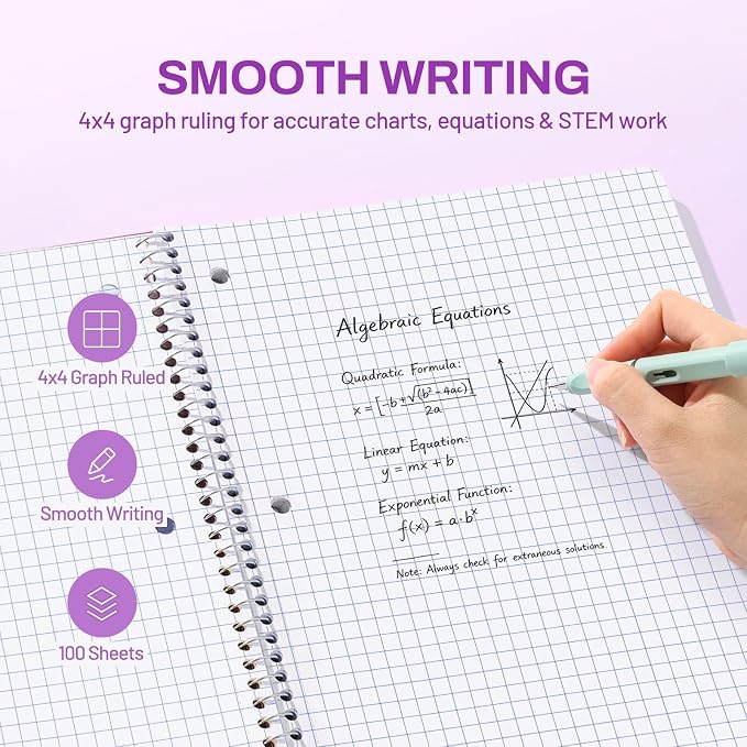 SUNEE Spiral Notebook, 1-Subject, Graph Ruled Paper, 8" x 10-1/2", 100 Sheets per Notebook, 3-Hole Punched Paper, Water Resistant Cover, Spiral Grid Notebooks for Work, Home, School, Dark Purple