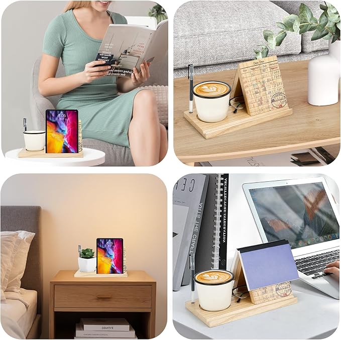 Wooden Triangle Book Stand with Drink Holder, Library Card Design Book Holder Page Rest, Night Stand Book Holder with Pen Slot, Gift for Book Lovers, Readers, Librarians, Writers