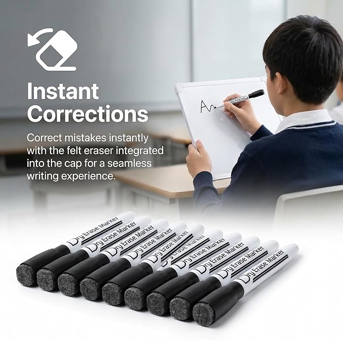 Volcanics Magnetic Dry Erase Markers With Eraser Low Odor Fine Tip Whiteboard Pens Pack of 12, Black