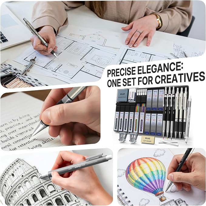 WUO 36PCS Art Mechanical Pencil Set with Storage Case, Metal Drawing Pencil | 0.5, 0.7, 0.9mm & 3PCS 2mm (2H HB 2B 4B Color) & 432 Lead Refills, 1 Eraser Pen, Artist Tech Pencils for Sketching, Drafting