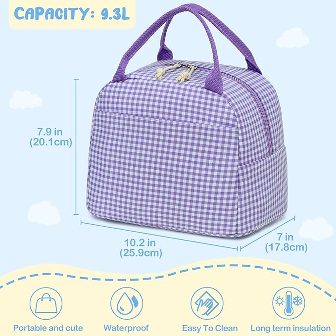 CAMTOP Lunch Box Kids Insulated Lunch Bag Large Reusable Leakproof Cooler Lunch Bags for Boys Girls School Travel Picnic (Purple and White Checkered)