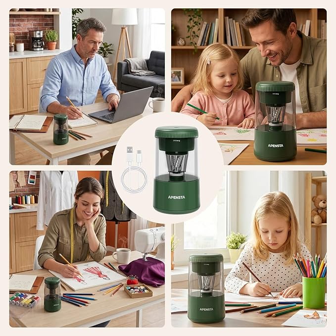 Electric Pencil Sharpener with Adjustable Tip Thickness, Auto Stop, Type-C Rechargeable, for Wooden, Colored Pencils (7–8mm), Portable Design for Home, Office & School, Green