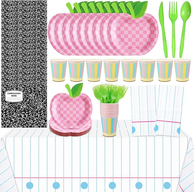 Reallnaive 146 Pcs Preschool Kindergarten Graduation Party Decoration Pastel Apple Paper Plate Teacher First Day Back to School Party 24 Set Disposable Tableware Tablecloth for Classroom Pre K Grad