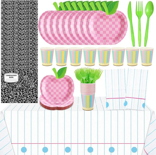 Reallnaive 146 Pcs Preschool Kindergarten Graduation Party Decoration Pastel Apple Paper Plate Teacher First Day Back to School Party 24 Set Disposable Tableware Tablecloth for Classroom Pre K Grad