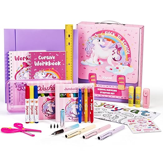 46-Piece Washable Back to School Supplies Gift Kit for Kids-Unicorn Essential First Day Gift Set for Kindergarten & Elementary, Art Supplies & Refillable Tools, Ideal Kids Stationery Set for Girls.