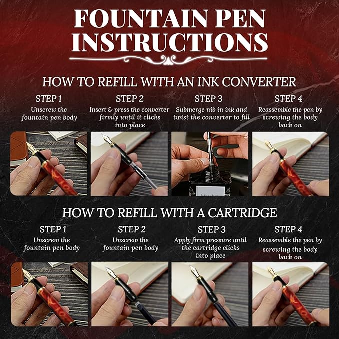 YUNCHUN Red Dragon Fountain Pen for Writing, Refillable Luxury Metal Pens, Fancy Ink Pen with 10 Black and 10 Blue Ink Refills, Gift Sets for Men and Women, Business Writing Pen with Marble Grain