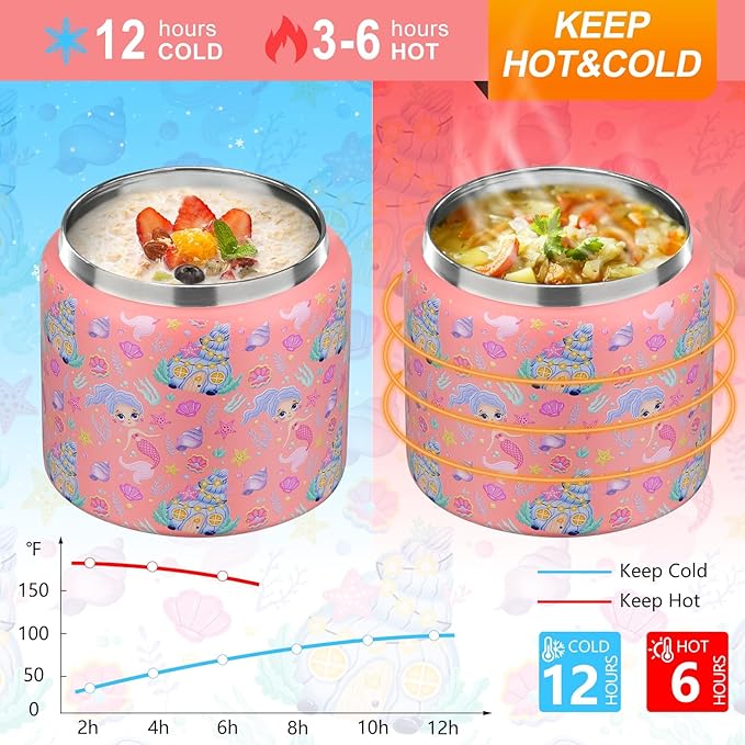 JXXM 13.5 Oz Thermo Food Jar for Hot & Cold Food for Kids, Insulated Lunch Containers Hot Food Jar,Leak-Proof Vacuum Stainless Steel Wide Mouth Lunch Soup Thermo for School (Mermaid)