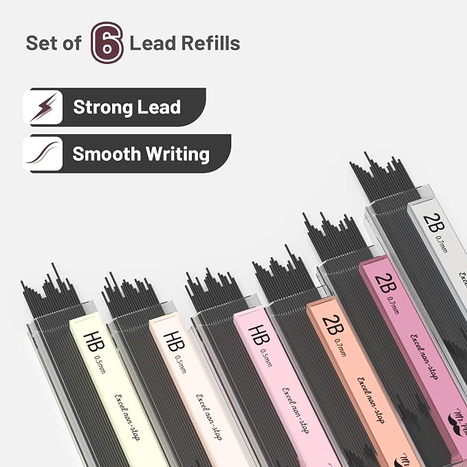 Mr. Pen- Cute Mechanical Pencil Set with Lead Refills & Erasers, 6 Pack | 2 Sizes, 0.5 & 0.7mm, 6x Tubes HB & 2B Lead Refill, 3x Erasers for School Supplies, Note Taking, Drawing, Sketching, Office