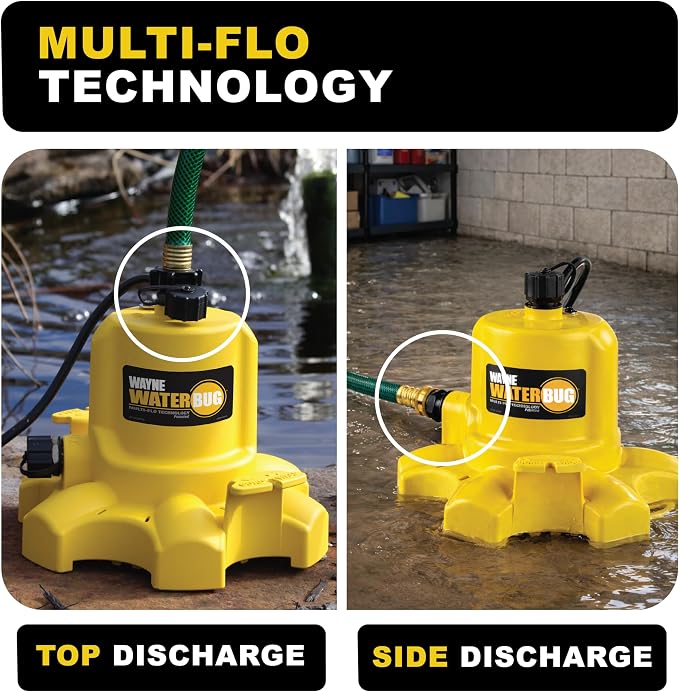 WAYNE - WaterBUG 1/6 HP 1350 GPH Submersible Pump with Multi-Flo Technology - Water Removal and Transfer Pump, Yellow