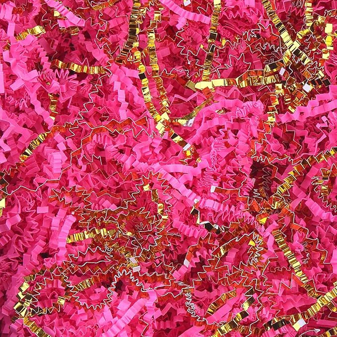 Crinkle Cut Paper Shred Filler 8 oz (1/2 lb) Gift Wrapping & Gift Basket Filler for Christmas, Halloween & Wedding Decorations,Crafting Activities,Many Color Options(Fluorescent Pink and Gold)