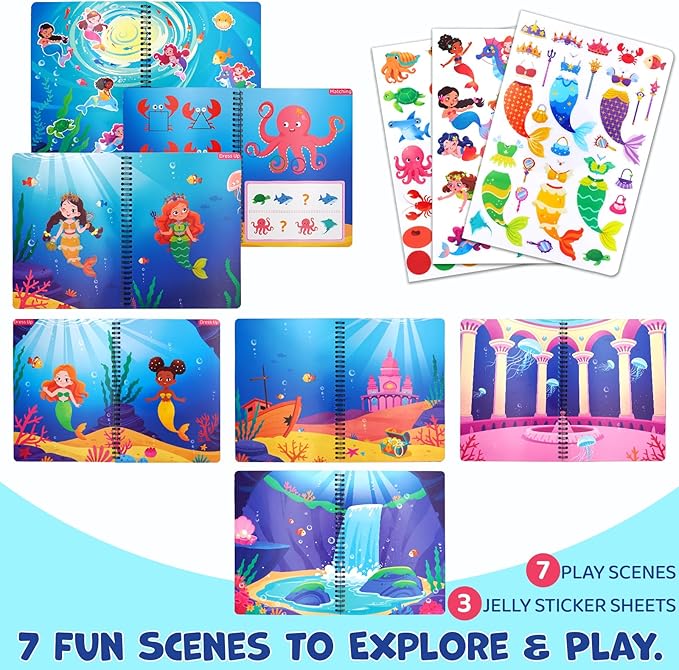 Reusable Sticker Book – Mermaid Princess Dress Up, 75 Jelly Stickers, 7 Scenes - Mermaid Toys for Girls 3-5, Travel & Road Trip Toys - Sticker Activity Book for Toddler Girls 1-3 2-4