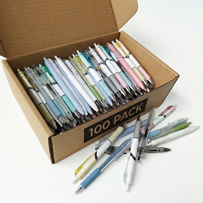 100 Pack Bulk Retractable Black Gel Ink Pens - Assorted Styles & Colors Mixed Wholesale Lot - Smooth Writing Click Pens for Office, School, and Home Supplies